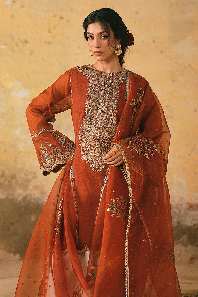 Pure Raw Silk Rust Orange Embroidered Dress - WW601