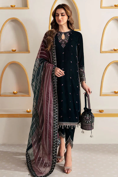Pure Velvet Navy Blue Embroidered Dress - VC018