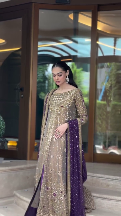 Pure Mysoori Tobacco & Purple Embroidered Dress - WW304