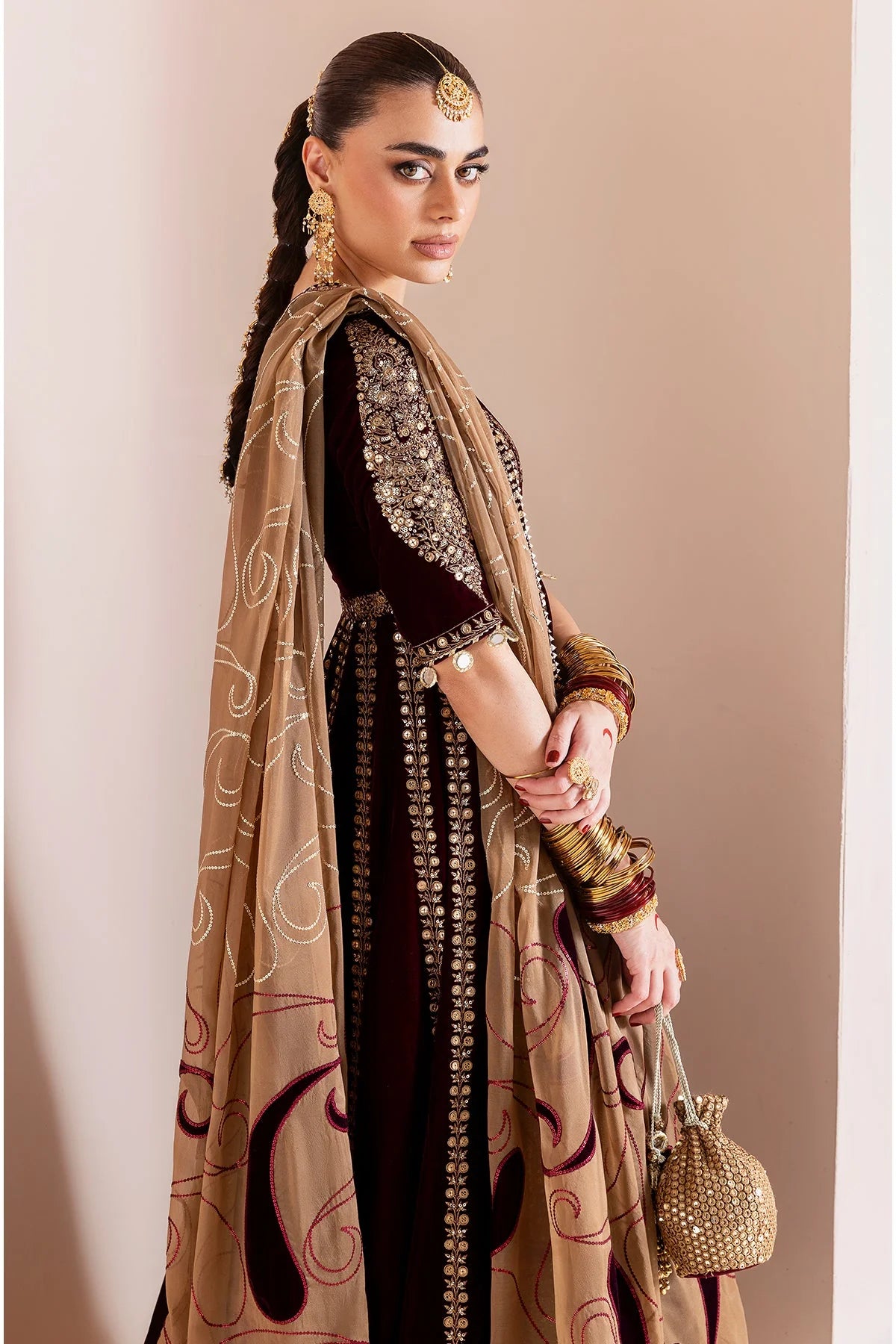 Pure Velvet Mahroon Embroidered Maxi Dress With Hand Bag - VC019