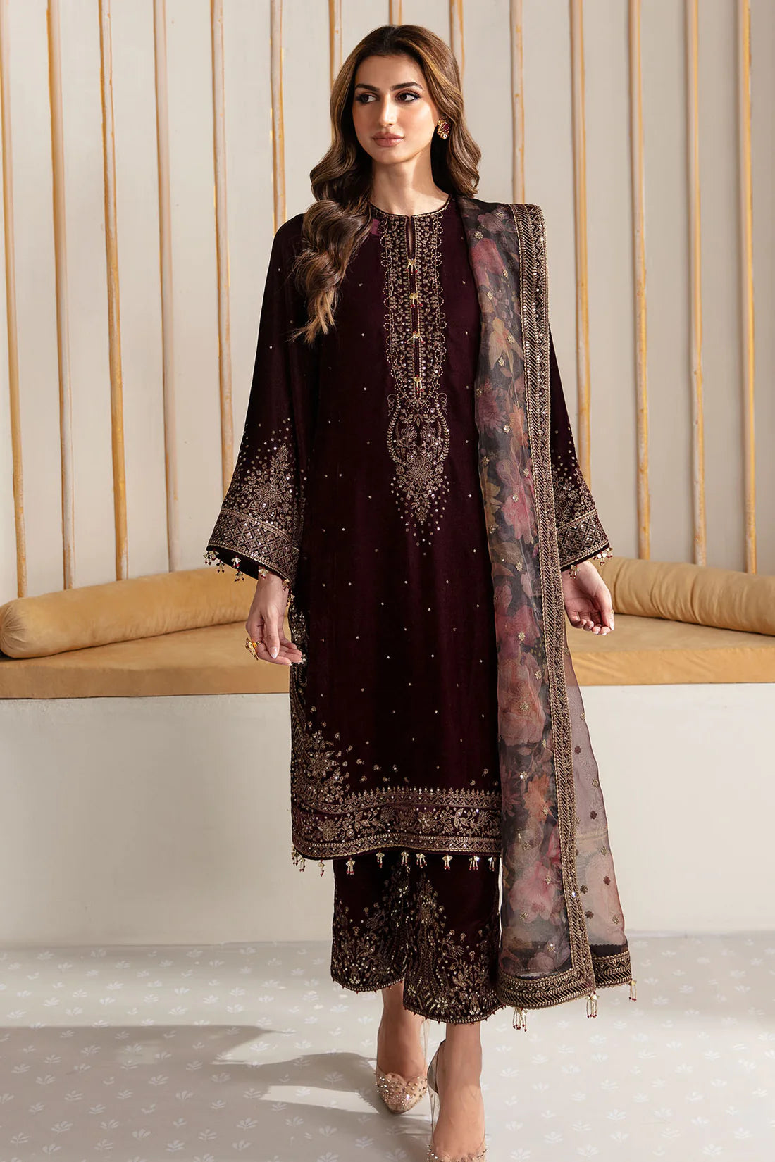 Pure Velvet Mahroon Embroidered Dress - VC023