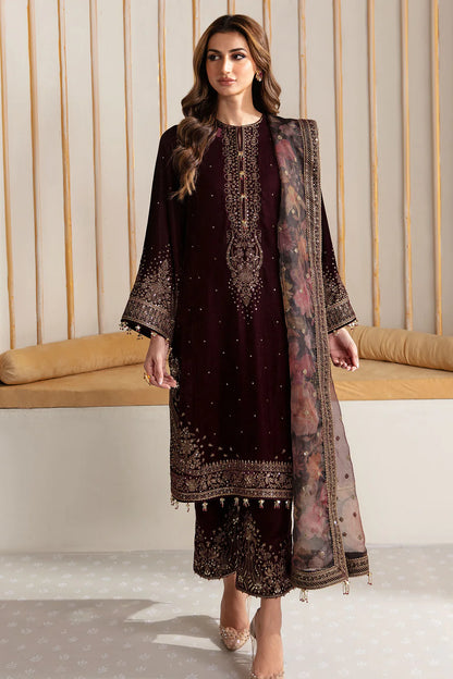 Pure Velvet Mahroon Embroidered Dress - VC023