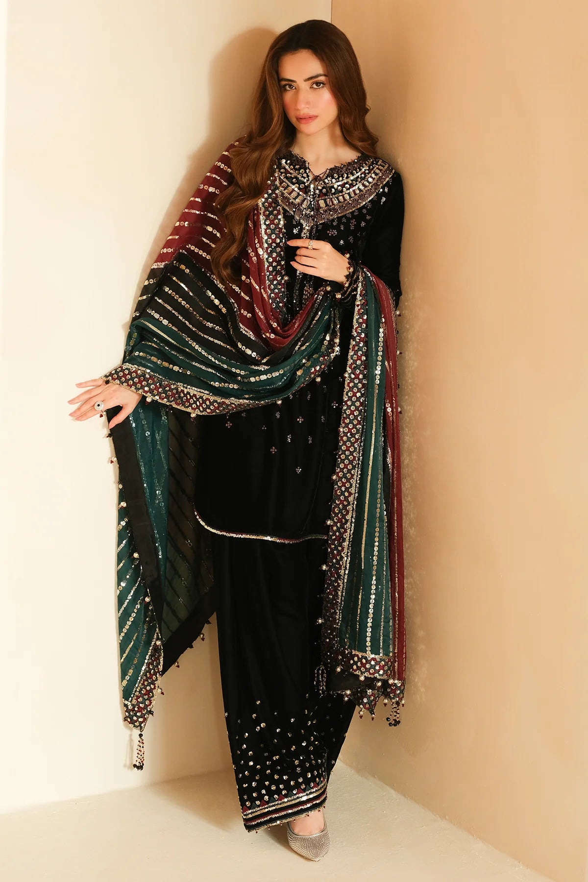 Pure Velvet Black Embroidered Dress - VC017