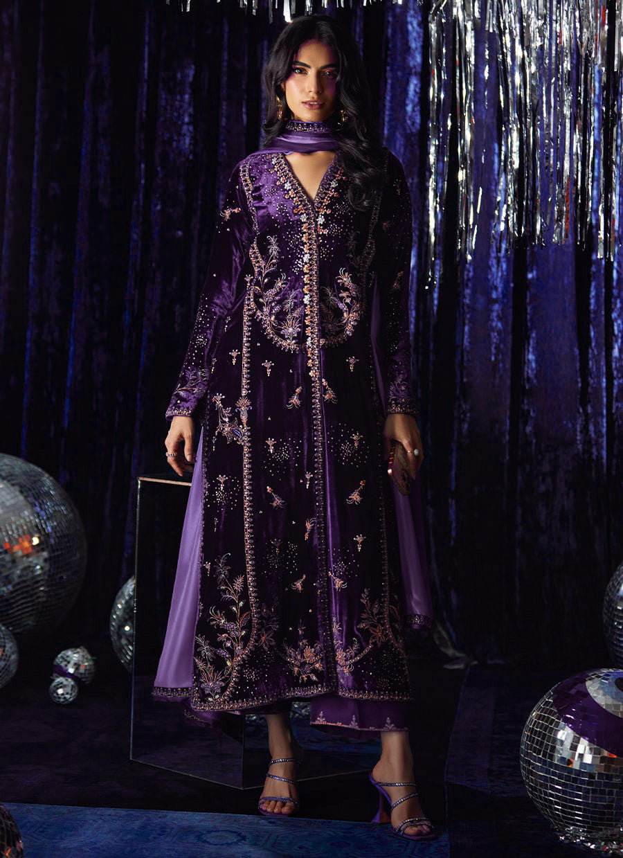Pure Velvet Purple Embroidered Dress - VC027