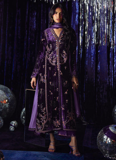 Pure Velvet Purple Embroidered Dress - VC027