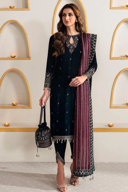 Pure Velvet Navy Blue Embroidered Dress - VC018