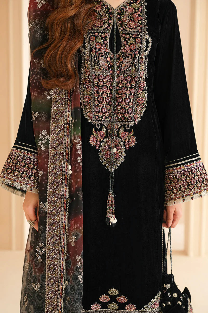 Pure Velvet Black Embroidered Dress with Hand Bag - VC015