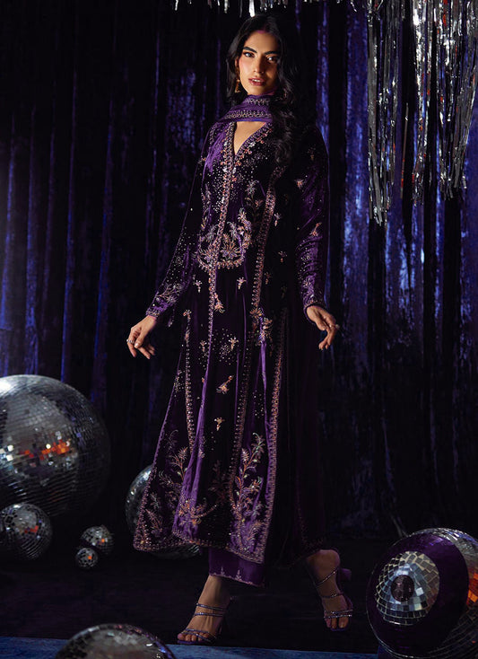 Pure Velvet Purple Embroidered Dress - VC027