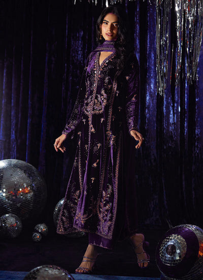 Pure Velvet Purple Embroidered Dress - VC027