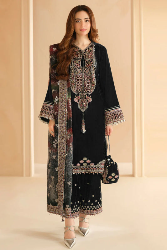 Pure Velvet Black Embroidered Dress with Hand Bag - VC015