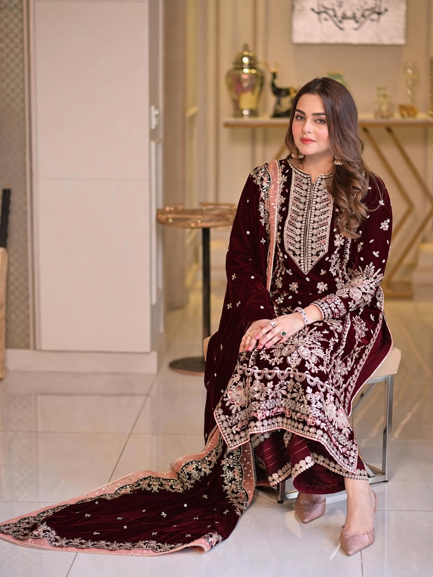 Pure Velvet Mahroon Embroidered Dress with Velvet Shawl – VC226