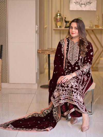 Pure Velvet Mahroon Embroidered Dress with Velvet Shawl – VC226