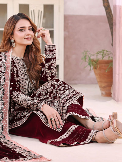 Pure Velvet Mahroon Embroidered Dress with Velvet Shawl – VC226