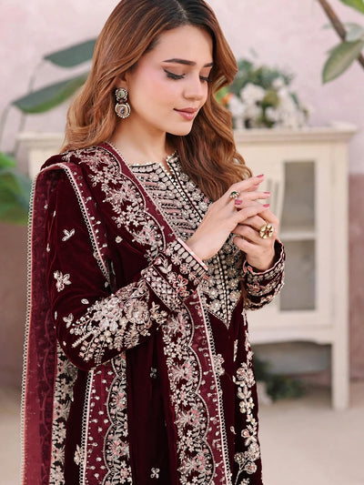 Pure Velvet Mahroon Embroidered Dress with Velvet Shawl – VC226