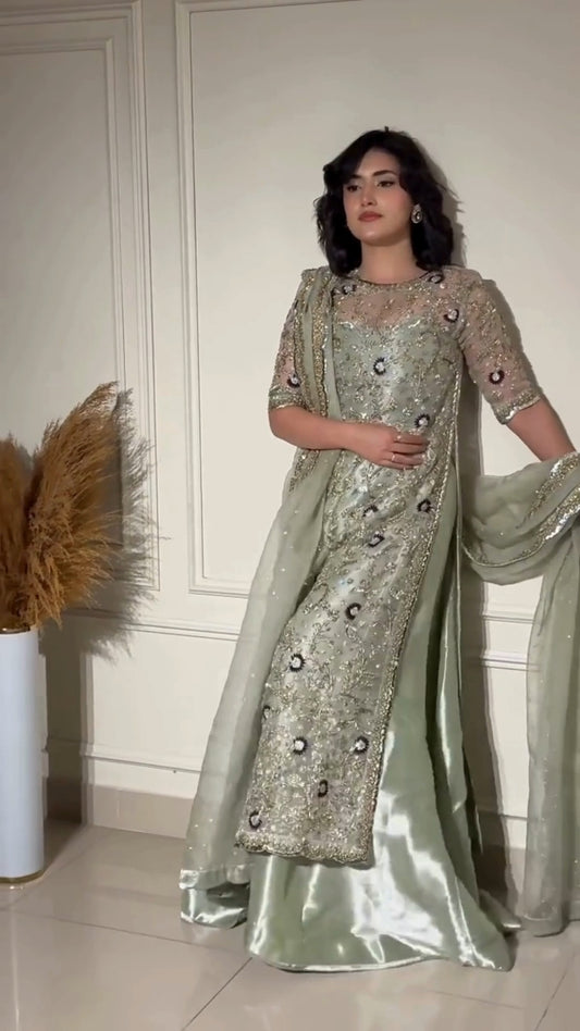 Pure Mysoori Sea Green Embroidered Dress - WW534