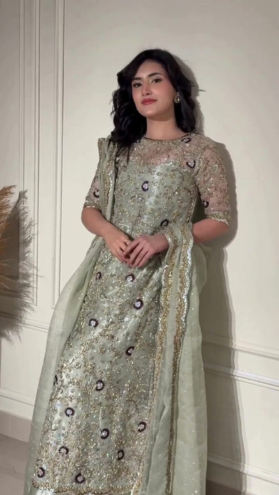 Pure Mysoori Sea Green Embroidered Dress - WW534
