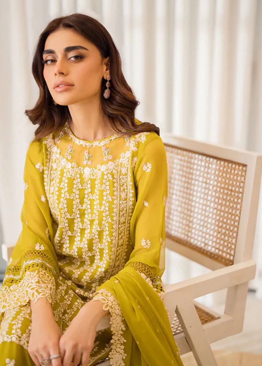 Pure Chiffon Yellow Embroidered Formal Dress - WW518