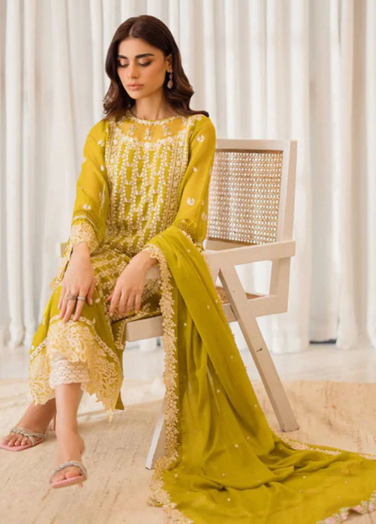 Pure Chiffon Yellow Embroidered Formal Dress - WW518