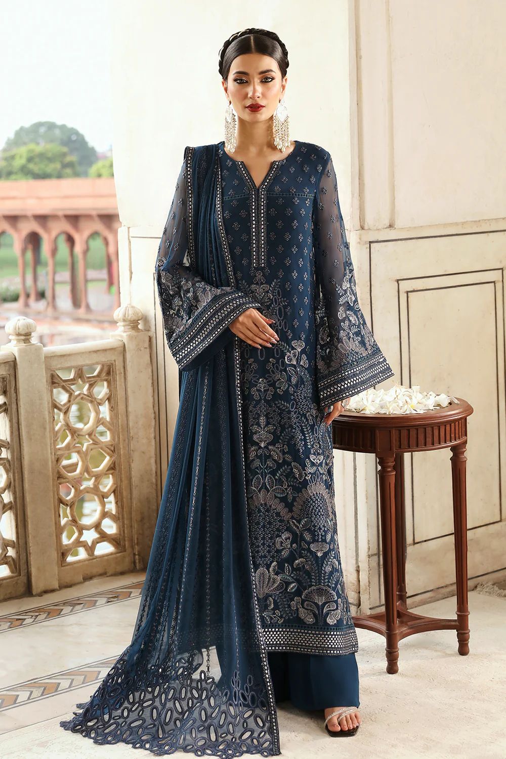 Pure Chiffon Navy Blue Embroidered Dress : PW215