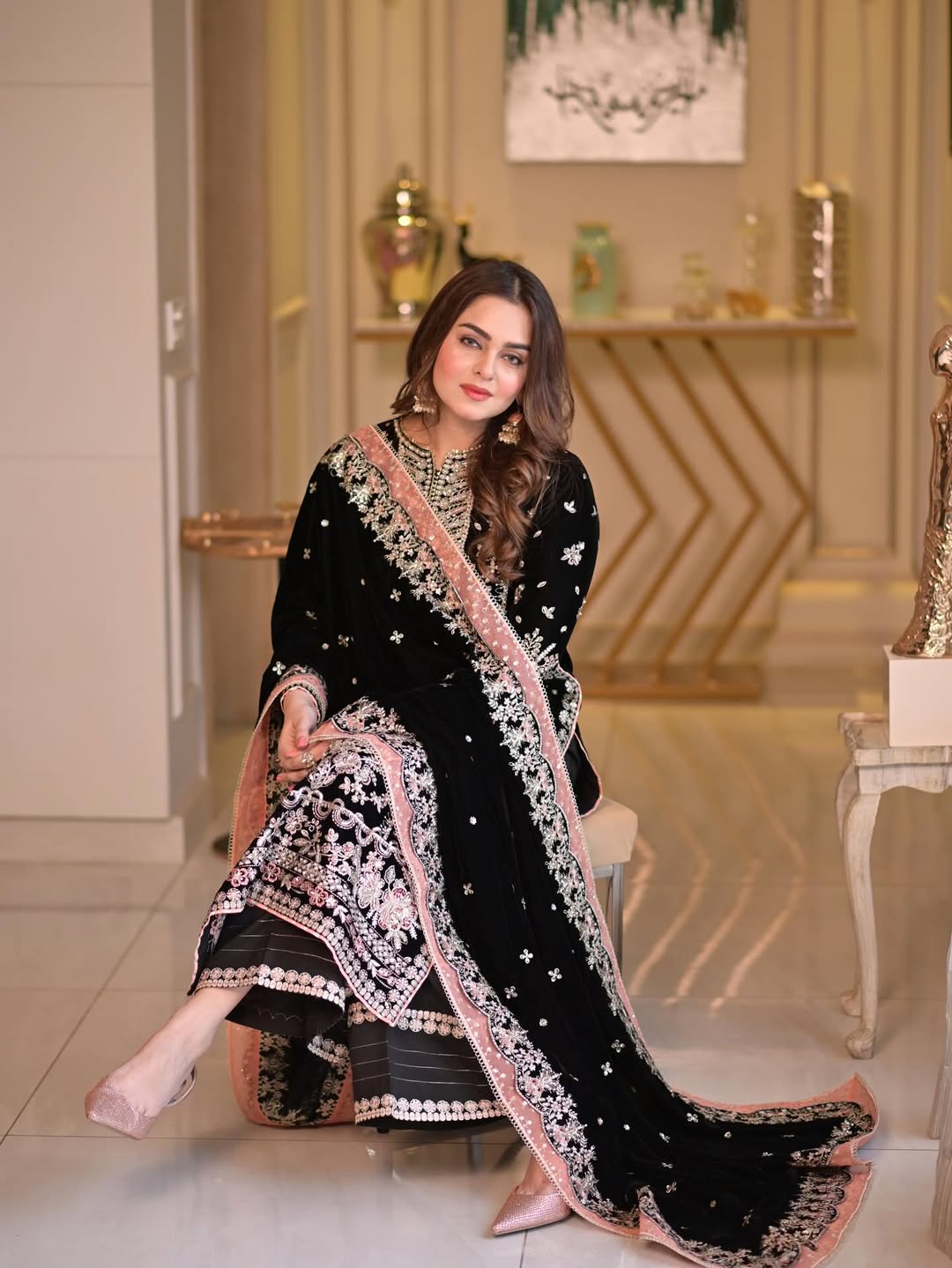 Pure Velvet Black Embroidered Dress with Velvet Shawl – VC201