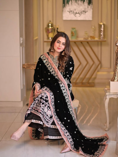 Pure Velvet Black Embroidered Dress with Velvet Shawl – VC201