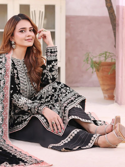 Pure Velvet Black Embroidered Dress with Velvet Shawl – VC201
