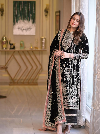 Pure Velvet Black Embroidered Dress With Velvet Shawl & Matching Clutch - VC015