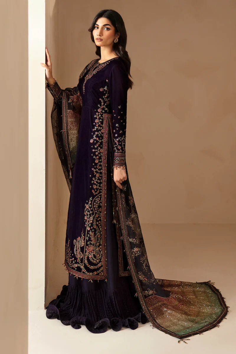 Pure Velvet Deep Purple Embroidered Dress - VC013