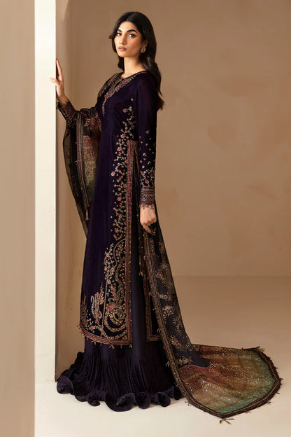 Pure Velvet Deep Purple Embroidered Dress - VC013