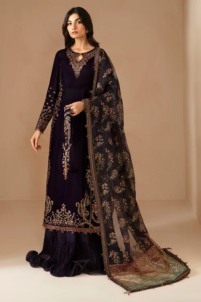 Pure Velvet Deep Purple Embroidered Dress - VC013
