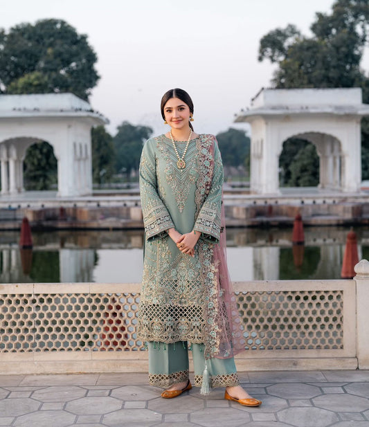 Pure Chiffon Sea Green Embroidered Dress - WW296
