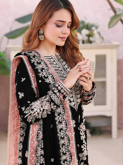 Pure Velvet Black Embroidered Dress With Velvet Shawl & Matching Clutch - VC015