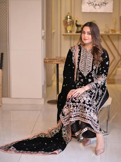 Pure Velvet Black Embroidered Dress with Velvet Shawl – VC201