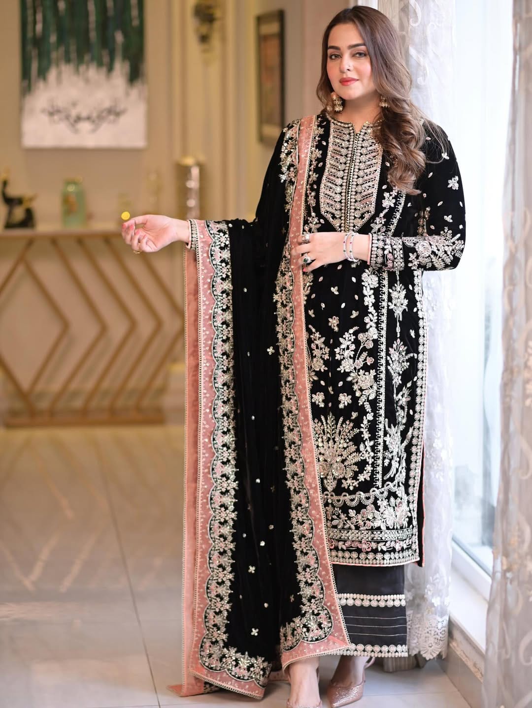 Pure Velvet Black Embroidered Dress With Velvet Shawl & Matching Clutch - VC015