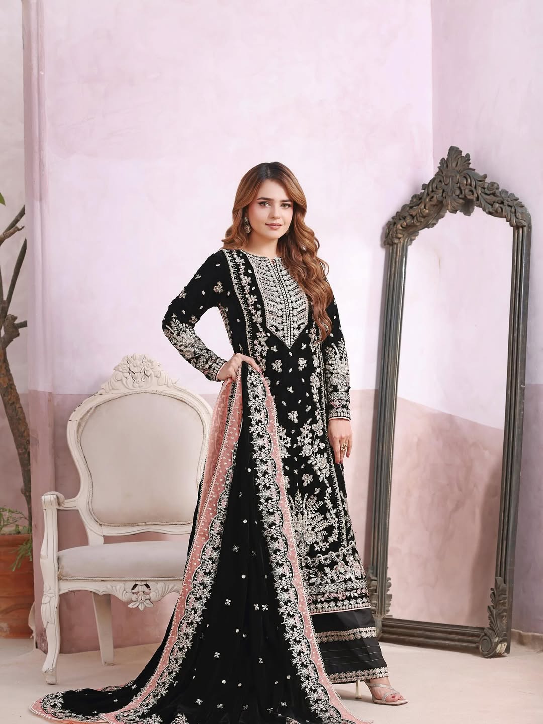Pure Velvet Black Embroidered Dress with Velvet Shawl – VC201