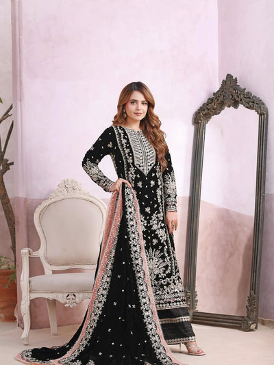Pure Velvet Black Embroidered Dress with Velvet Shawl – VC201