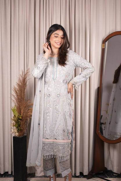 Pure Chiffon Grey Embroidered Dress - PW226