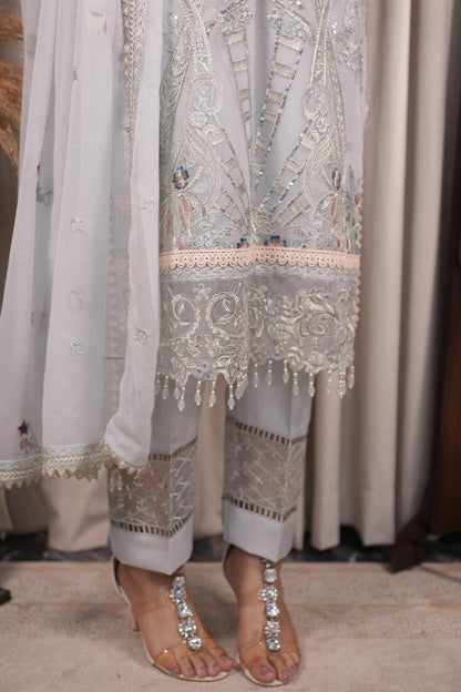 Pure Chiffon Grey Embroidered Dress - PW226