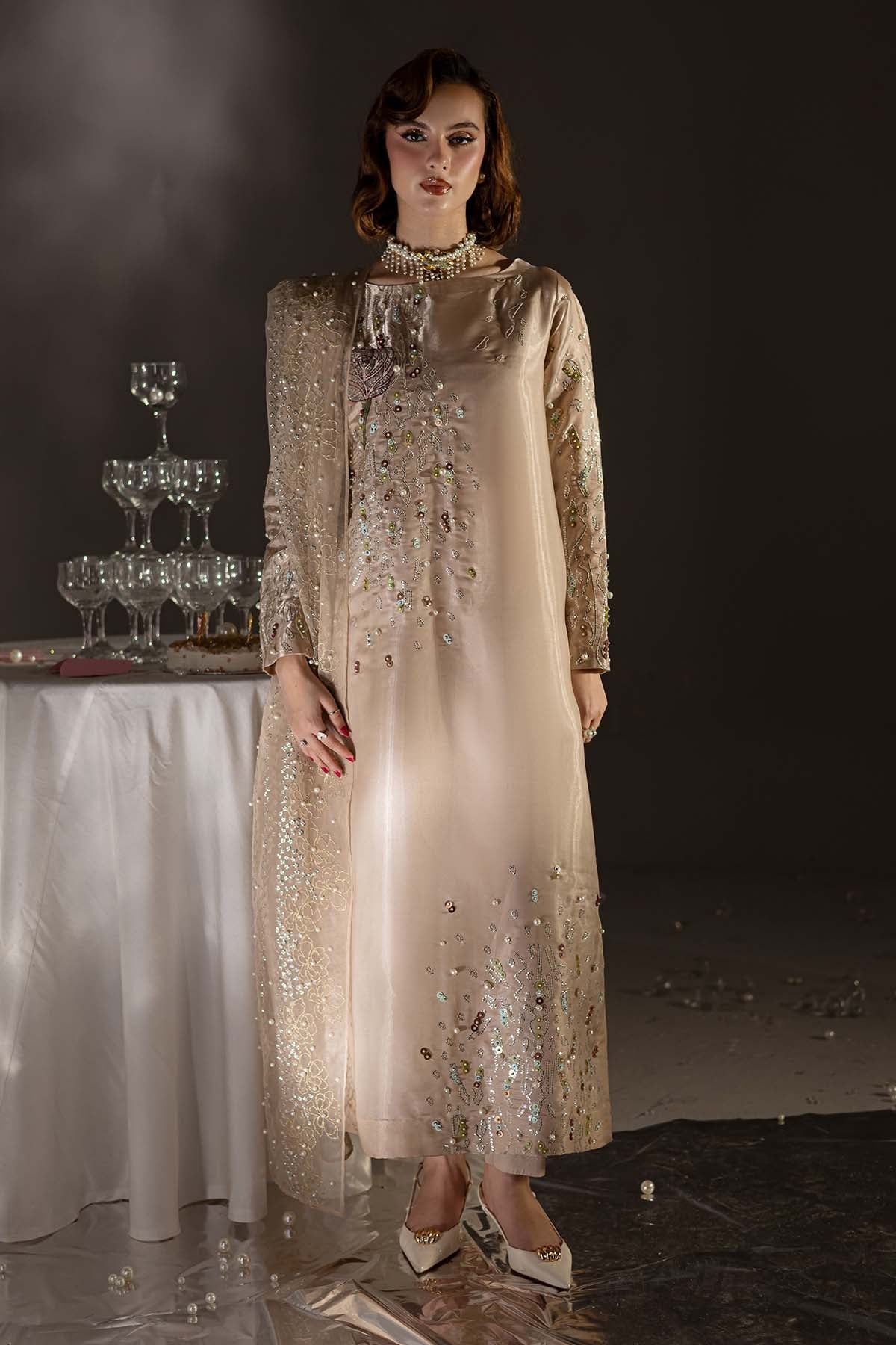 Pure Luxury Beige Gold Lawn Embroidered Eid Outfit - LL444