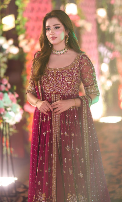 Pure Chiffon Magenta Embroidered Maxi Dress - WW548