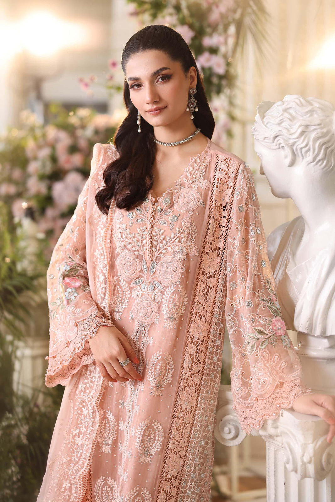 Pure Chiffon Tea Pink Embroidered Wedding Dress - WW503