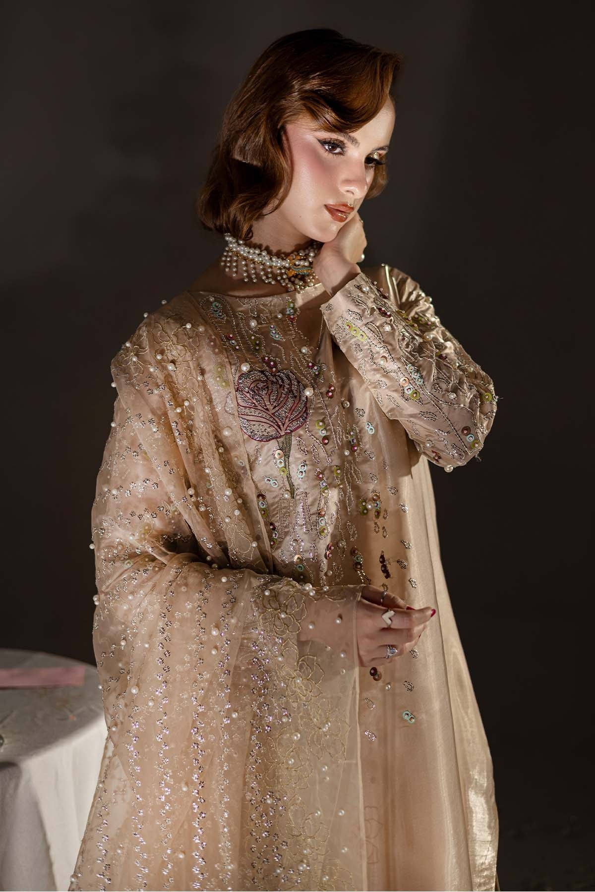 Pure Luxury Beige Gold Lawn Embroidered Eid Outfit - LL444