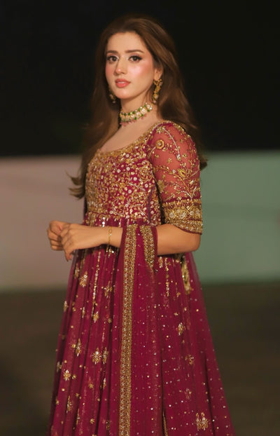 Pure Chiffon Magenta Embroidered Maxi Dress - WW548