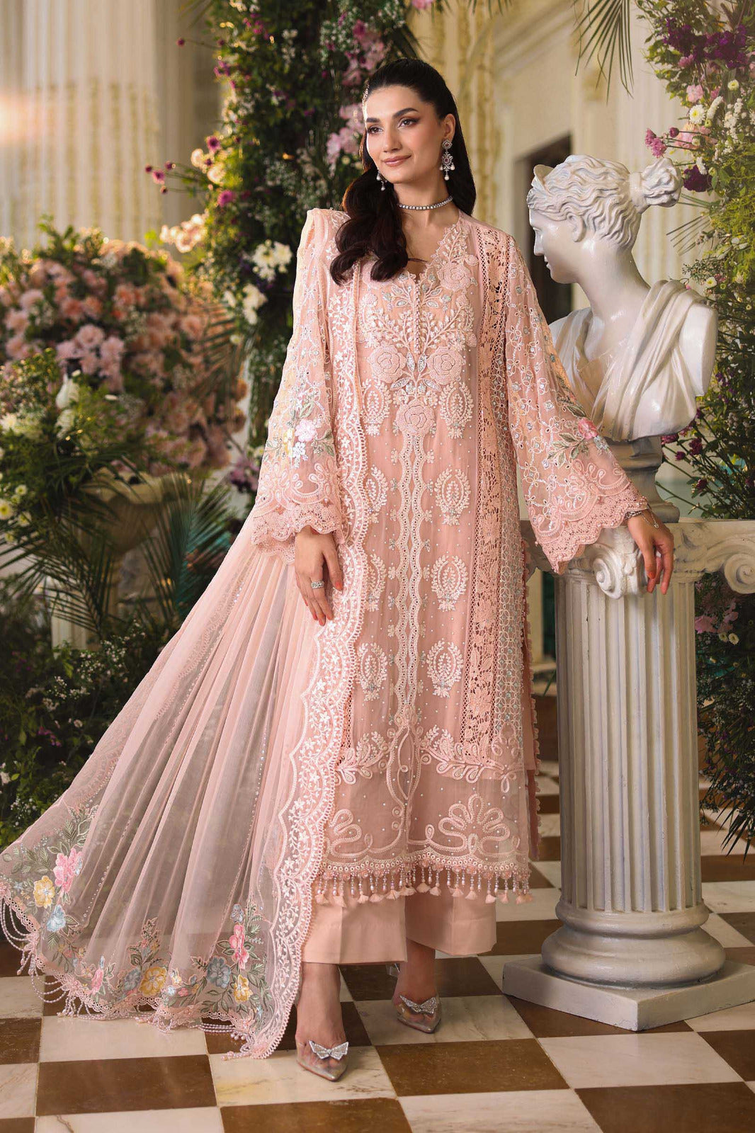 Pure Chiffon Tea Pink Embroidered Wedding Dress - WW503