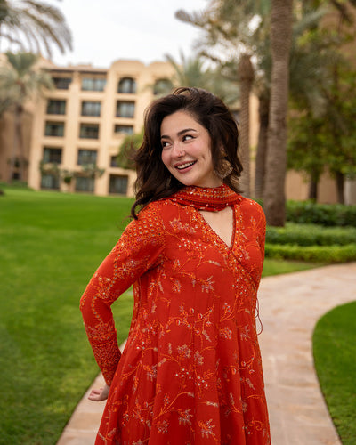 Pure Luxury Lawn Burnt Orange Embroidered Eid Outfit - LL464