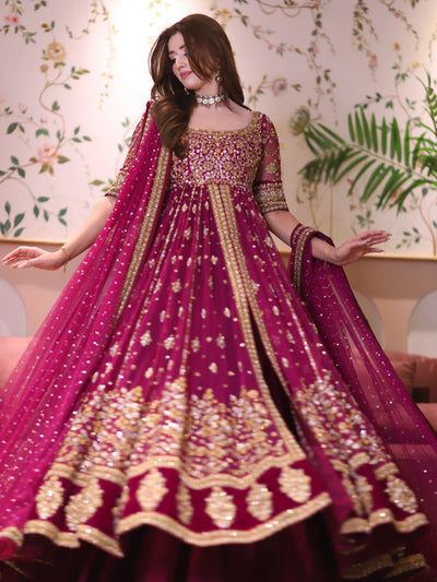 Pure Chiffon Magenta Embroidered Maxi Dress - WW548