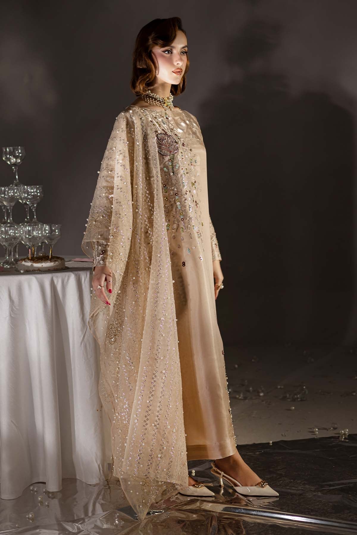 Pure Luxury Beige Gold Lawn Embroidered Eid Outfit - LL444