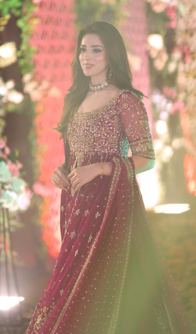 Pure Chiffon Magenta Embroidered Maxi Dress - WW548