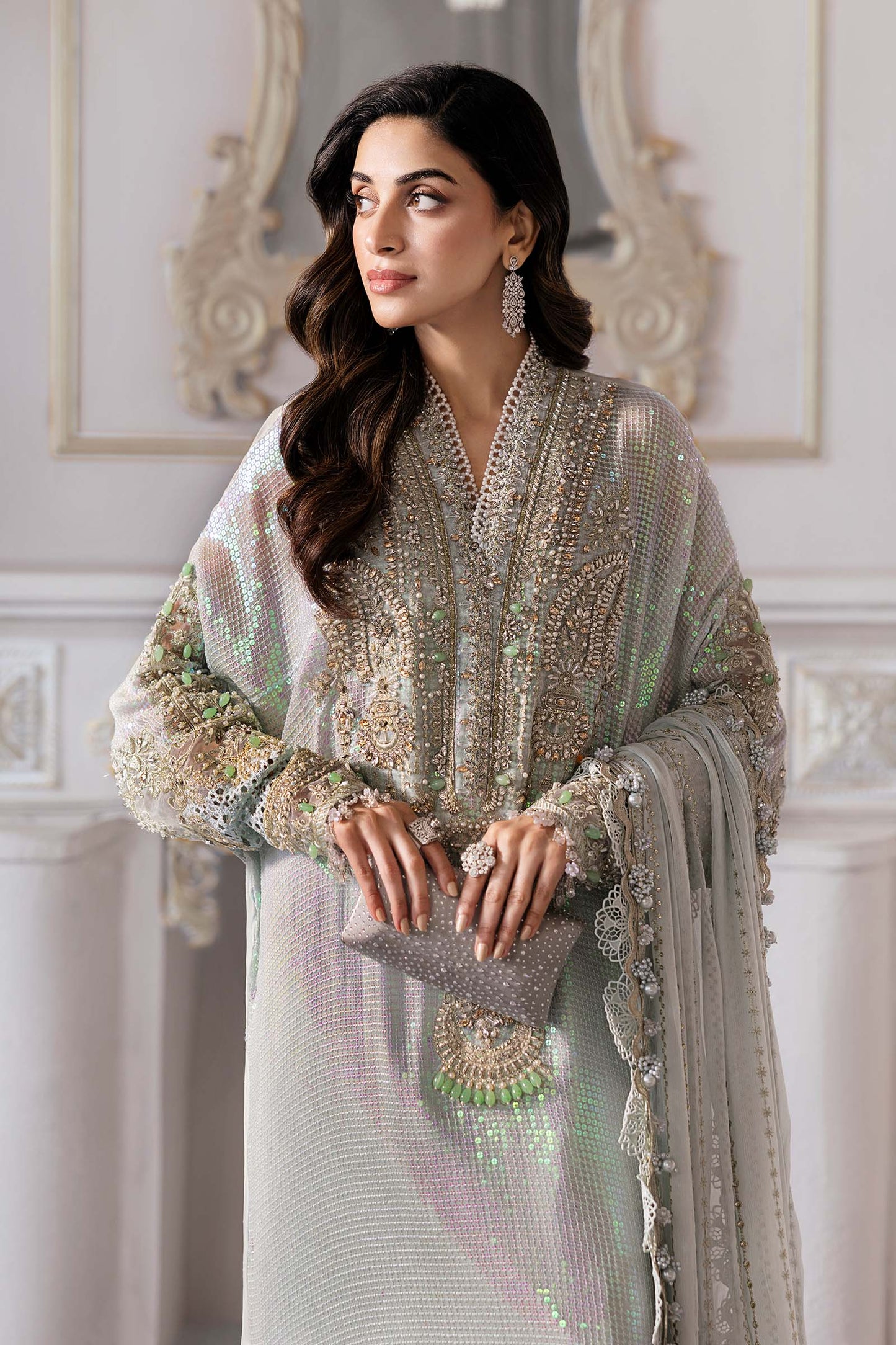 Pure Chiffon Ice Green Adda Work Kaftan Style Wedding Dress - WW429
