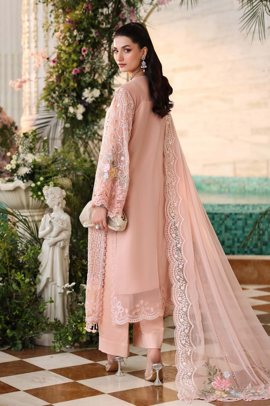 Pure Chiffon Tea Pink Embroidered Wedding Dress - WW503